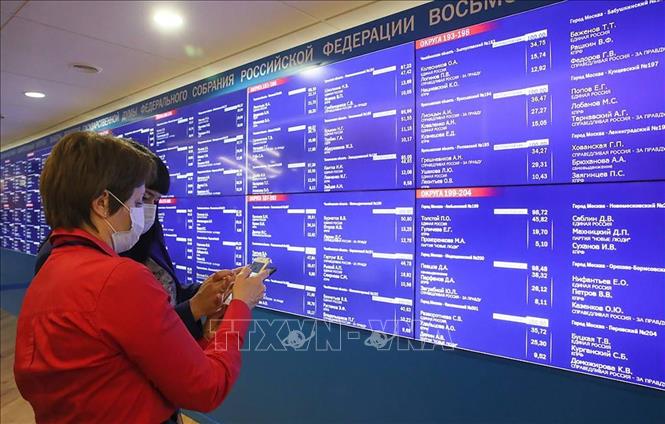 Trong ảnh: Công bố kết quả bầu cử Duma Quốc gia (Hạ viện) Nga tại Trung tâm thông tin của Ủy ban Bầu cử Trung ương Nga ở Moskva, ngày 20/9/2021. Ảnh: TASS/TTXVN