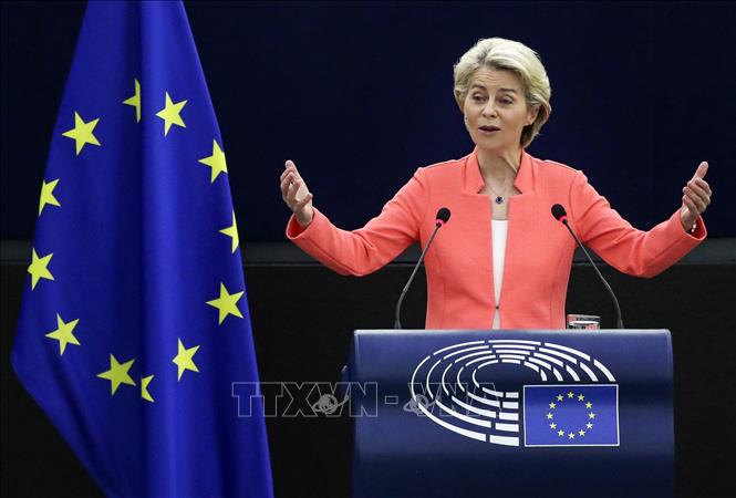 Trong ảnh: Chủ tịch Ủy ban châu Âu Ursula von der Leyen phát biểu tại cuộc họp Nghị viện châu Âu ở Strasbourg, Pháp, ngày 15/9/2021. Ảnh: AFP/TTXVN