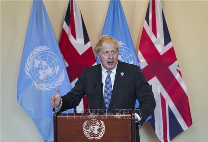Trong ảnh: Thủ tướng Anh Boris Johnson phát biểu tại cuộc họp của Liên Hợp Quốc ở New York, Mỹ, ngày 20/9/2021. Ảnh: THX/TTXVN