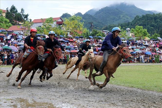 Các VĐV tranh tài trên đường đua chung kết Giải đua ngựa truyền thống trên Cao nguyên trắng Bắc Hà. Ảnh: Quốc Khánh - TTXVN