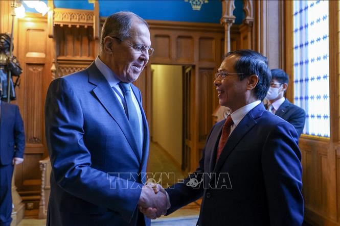 Trong ảnh: Bộ trưởng Ngoại giao Nga Sergei Lavrov đón Bộ trưởng Ngoại giao Bùi Thanh Sơn. Ảnh: Trần Hiếu - PV TTXVN tại Nga