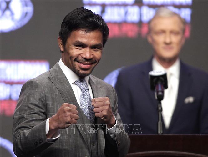 Trong ảnh: Võ sĩ quyền anh Philippines Manny Pacquiao (phía trước) trong cuộc họp báo trước giải đấu WBA tại Las Vegas, Nevada (Mỹ) ngày 17/7/2019. Ảnh: AFP/TTXVN