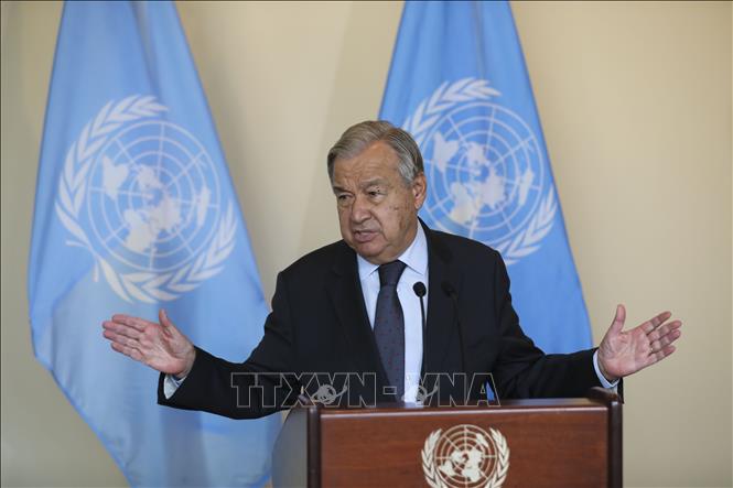 Trong ảnh (tư liệu): Tổng Thư ký Liên hợp quốc (TTK LHQ) Antonio Guterres phát biểu với báo giới tại trụ sở LHQ ở New York, Mỹ, ngày 20/9/2021. Ảnh: THX/ TTXVN