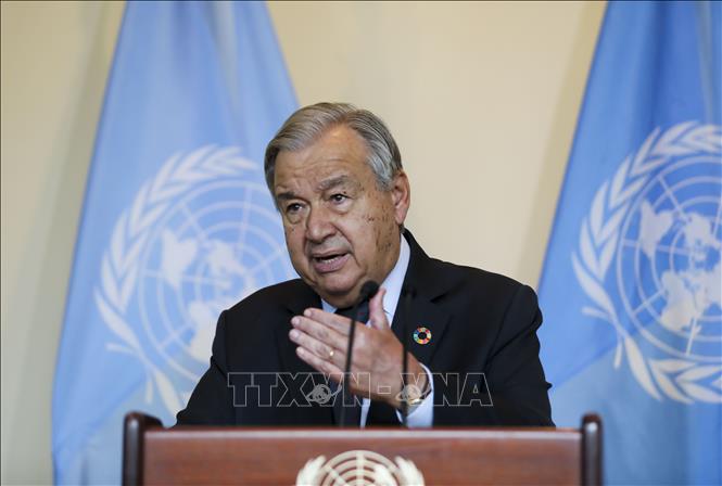 Trong ảnh (tư liệu): Tổng Thư ký Liên hợp quốc (TTK LHQ) Antonio Guterres phát biểu với báo giới tại trụ sở LHQ ở New York, Mỹ, ngày 20/9/2021. Ảnh: THX/ TTXVN