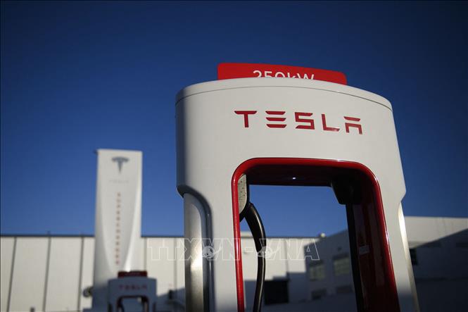 Trong ảnh (tư liệu): Biểu tượng Tesla tại một trạm sạc điện của hãng ở Hawthorne, California, ngày 4/1/2021. Ảnh: AFP/ TTXVN