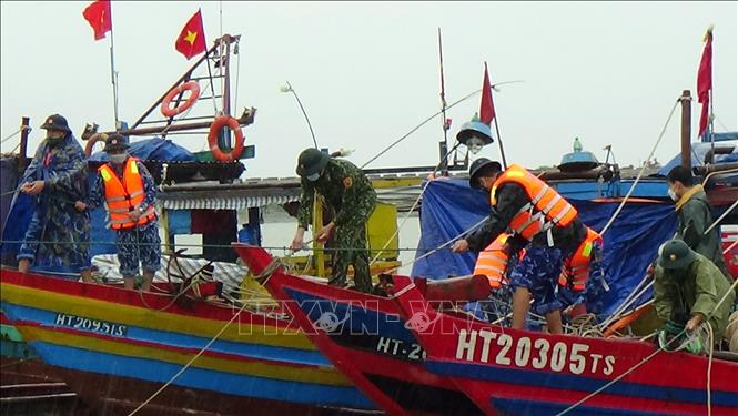 Trong ảnh: Cố định tàu cá của ngư dân bảo đảm an toàn chống bão số 8. Ảnh: TTXVN