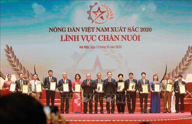 Trong ảnh: Trưởng Ban Kinh tế Trung ương Nguyễn Văn Bình trao danh hiệu Nông dân Việt Nam xuất sắc năm 2020 cho các cá nhân. Ảnh: Vũ Sinh – TTXVN