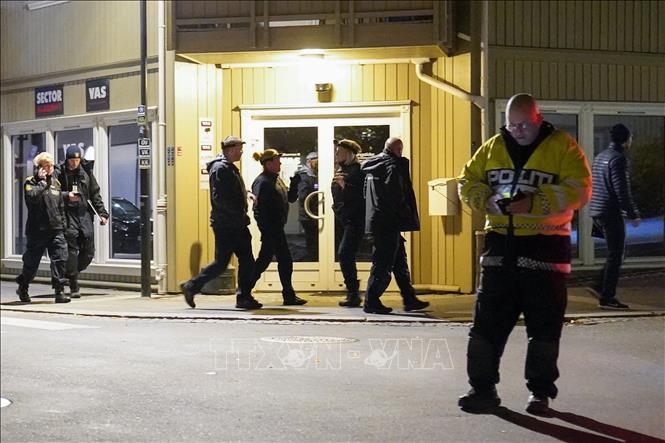Trong ảnh: Cảnh sát  Na Uy điều tra tại hiện trường vụ tấn công bằng cung tên ở Kongsberg tối 13/10/2021. Ảnh: AFP/TTXVN