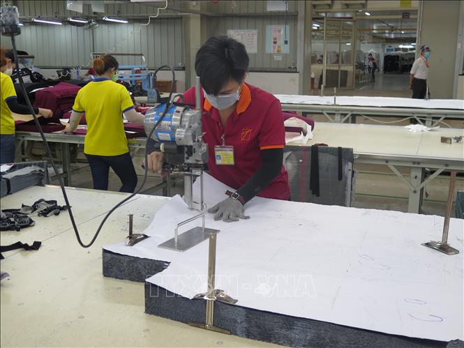 Công nhân nhà máy công ty TNHH Tainan Enterprises (Việt Nam) đang cắt vải. Ảnh: Minh Hưng-TTXVN 