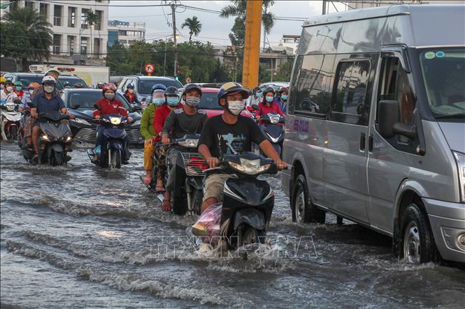 Triều cường gây ngập trên đường Quang Trung, quận Cái Răng, TP Cần Thơ chiều 4/11. Ảnh: Thanh Liêm - TTXVN