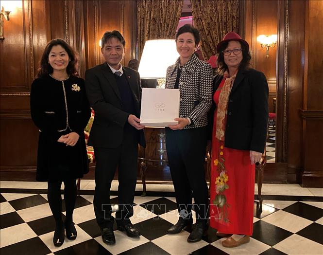 Photo: Vietnamese Deputy Minister of Culture, Sports and Tourism Hoang Dao Cuong has a working session with President of the French Institute Eva Nguyen Binh. VNA Photo: Xuân Đông 