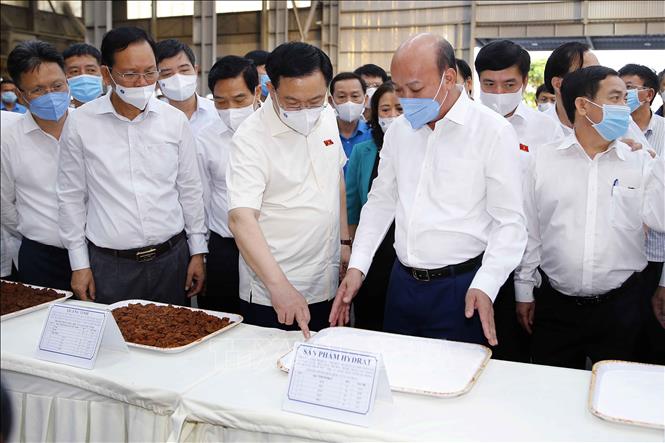 Lãnh đạo Tập đoàn Than - Khoáng sản Việt Nam giới thiệu với Chủ tịch Quốc hội Vương Đình Huệ về sản phẩm alumin của Nhà máy Alumin Nhân Cơ (tại xã Nhân Cơ, huyện Đắk R’lấp). Ảnh: Doãn Tấn – TTXVN