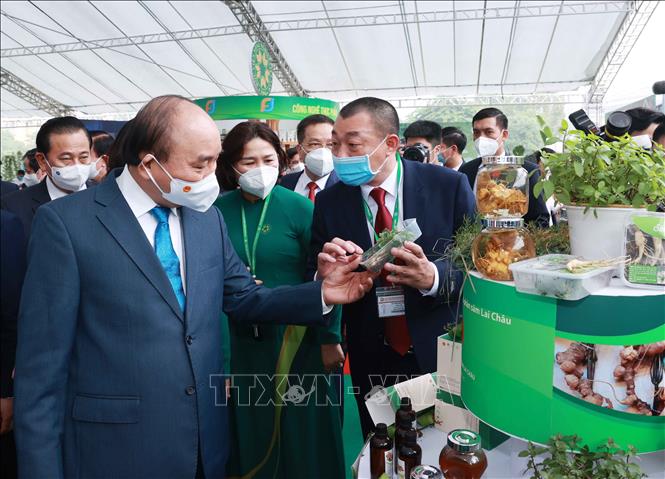 Chủ tịch nước Nguyễn Xuân Phúc thăm gian hàng trưng bày sản phẩm tại Học viện Nông nghiệp Việt Nam. Ảnh: Thống Nhất- TTXVN
