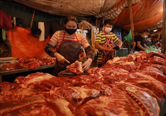 Trong ảnh: Quầy thực phẩm ở chợ đầu mối Minh Khai (quận Bắc Từ Liêm, Hà Nội). Ảnh: Vũ Sinh - TTXVN