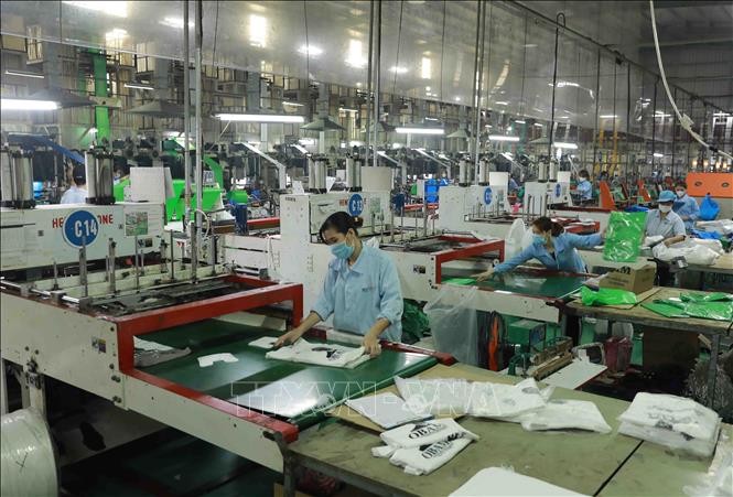 Trong ảnh: Dây chuyền sản xuất túi nhựa xuất khẩu tại nhà máy của Công ty Cổ phần HAPLAST. Ảnh: Vũ Sinh - TTXVN