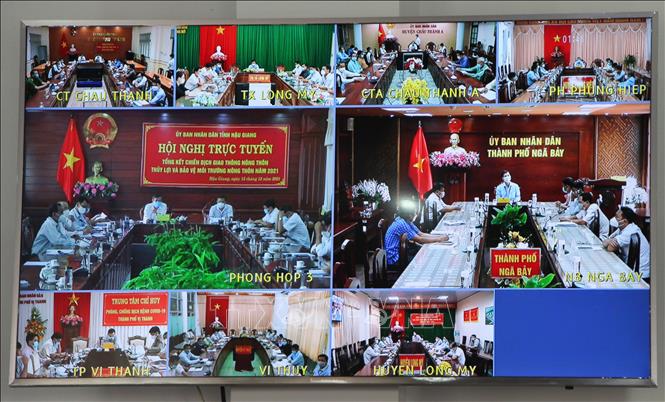 Trong ảnh: Các địa phương tham dự Hội nghị trực tuyến. Ảnh: Hồng Thái - TTXVN