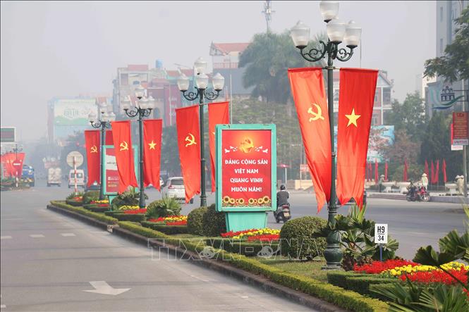 Trong ảnh: Các cột đèn chiếu sáng tại dải phân cách đường Nguyễn Văn Linh được treo cờ đuôi cá. Ảnh: Đinh Tuấn - TTXVN 