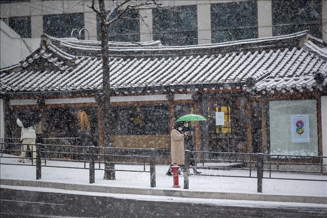 Trong ảnh: Tuyết rơi dày tại trung tâm thủ đô Seoul, Hàn Quốc ngày 18/12/2021. Ảnh: THX/TTXVN