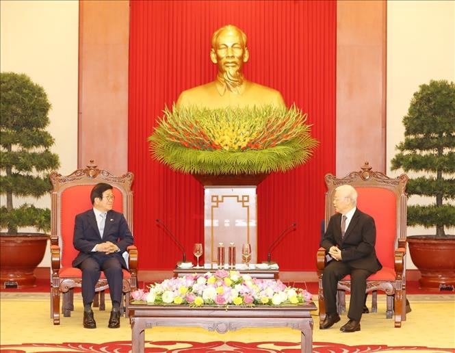 Trong ảnh: Tổng Bí thư, Chủ tịch nước Nguyễn Phú Trọng tiếp Chủ tịch Quốc hội Hàn Quốc Park Byeong-Seug thăm chính thức Việt Nam, chiều 2/11/2020. Ảnh: Trí Dũng –TTXVN