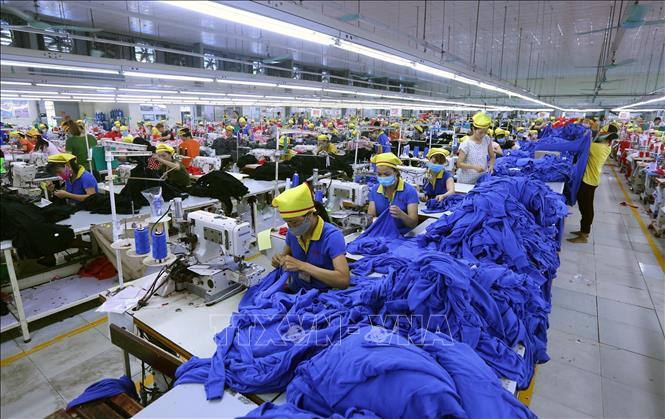 Trong ảnh: Dây chuyền sản xuất hàng may mặc tại Công ty TNHH Hana Kovi Việt Nam, 100% vốn Hàn Quốc tại Bắc Giang. Ảnh: Danh Lam – TTXVN