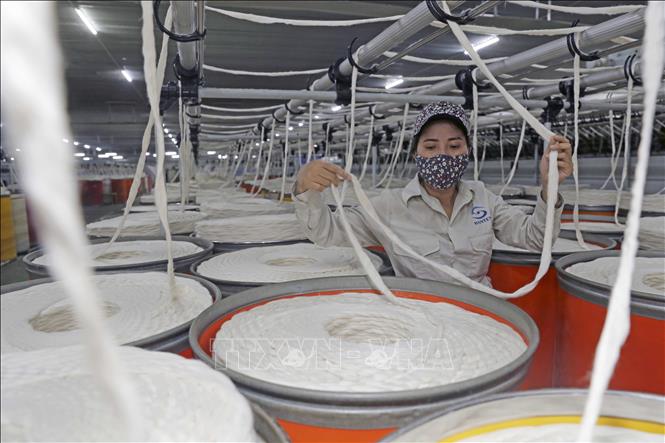 Trong 8 tháng năm 2021, xuất khẩu của Việt Nam sang Indonesia đạt kim ngạch 2,51 tỷ USD, tăng 44,2% so với cùng kỳ năm 2020. Cụ thể, ở nhóm hàng máy vi tính, sản phẩm điện,tiếp đến là chất dẻo nguyên liệu, xơ, sợi dệt các loại tử và linh kiện...Trong ảnh: Sản xuất sợi tại Công ty TNHH Dệt Hà Nam, thành phố Phủ Lý, tỉnh Hà Nam. Ảnh: Trần Việt - TTXVN