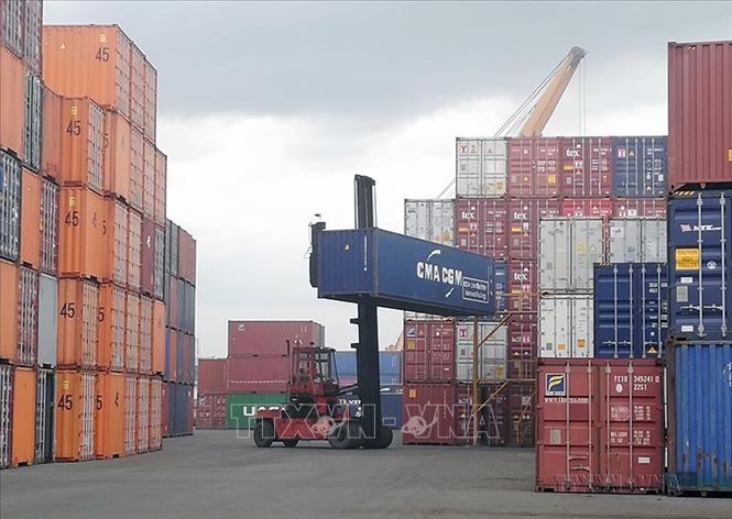 Bốc xếp, vận chuyển container hàng hóa xuất nhập khẩu tại Cảng Tổng hợp Bình Dương. Ảnh: Hải Âu-TTXVN