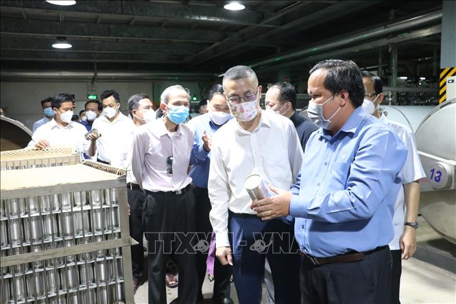 Trong ảnh: Đại sứ các nước tham quan nhà máy chế biến dừa tại Bến Tre. Ảnh: Huỳnh Phúc Hậu - TTXVN