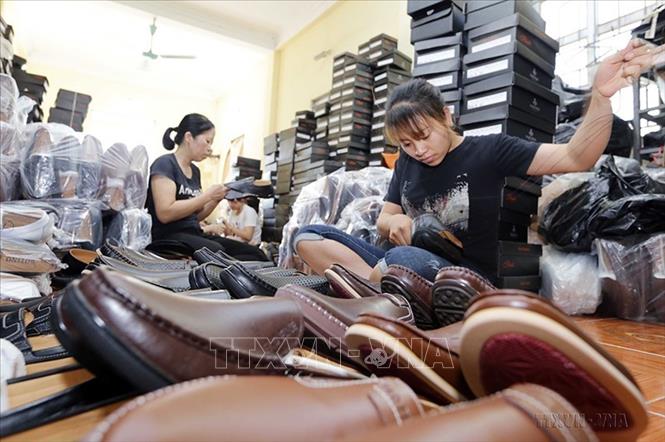 Sản xuất giầy xuất khẩu tại cơ sở Chí Cương, thị trấn Đồng Văn, huyện Duy Tiên, tỉnh Hà Nam. Ảnh: Trần Việt - TTXVN