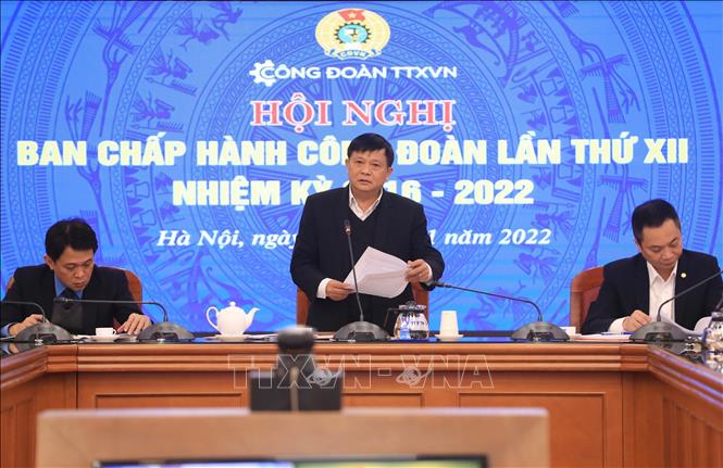 Trong ảnh: Phó Tổng giám đốc - Chủ tịch Công đoàn TTXVN Đinh Đăng Quang phát biểu. Ảnh: Hoàng Hiếu - TTXVN