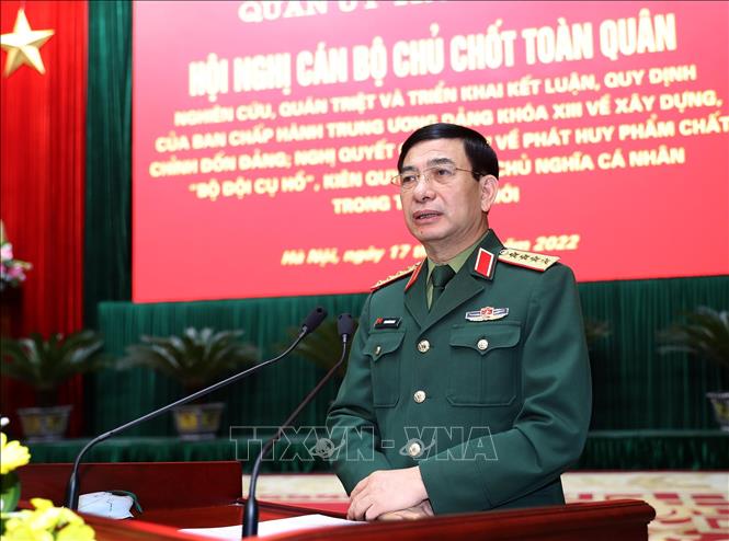Đại tướng Phan Văn Giang, Bộ trưởng Bộ Quốc phòng phát biểu chỉ đạo hội nghị. Ảnh: Trọng Đức - TTXVN