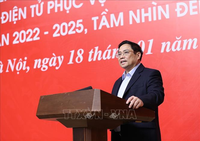 Trong ảnh: Thủ tướng Phạm Minh Chính phát biểu tại Hội nghị trực tuyến triển khai Đề án phát triển ứng dụng dữ liệu về dân cư, định danh và xác thực điện tử phục vụ chuyển đổi số quốc gia. Ảnh: Dương Giang-TTXVN
