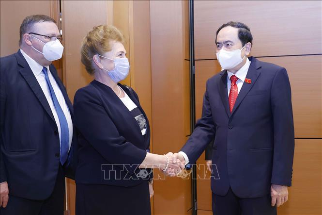 Phó Chủ tịch Thường trực Quốc hội Trần Thanh Mẫn đón Phó Chủ tịch thứ nhất Quốc hội Hungary Márta Mátrai. Ảnh: Doãn Tấn - TTXVN