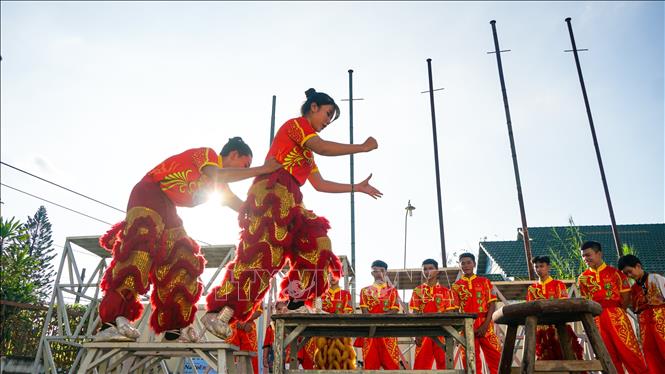 Trong ảnh: Đoàn Lân Sư Rồng Tú Anh Đường luyện tập. Ảnh: TTXVN phát