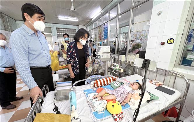 Trong ảnh: Nguyên Phó Chủ tịch nước Đặng Thị Ngọc Thịnh hỏi thăm và tặng quà Tết cho gia đình bệnh nhi đang điều trị tại Bệnh viện Đa khoa Bình Định. Ảnh: Nguyên Linh-TTXVN 