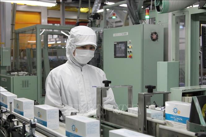 Trong ảnh: Nhân viên tại nhà máy của Công ty TNHH Công nghiệp Dược phẩm Nikko kiểm tra sản phẩm. Ảnh: Thanh Tùng - PV TTXVN tại Nhật Bản
