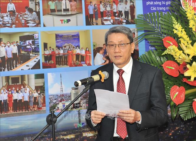 Trong ảnh: Chủ tịch Hội Nhà báo thành phố Hải Phòng Nguyễn Trí Tín phát biểu tại buổi lễ. Ảnh: TTXVN phát