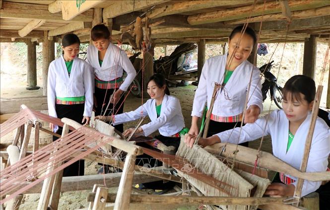 Trong ảnh: Phụ nữ người Mường ở Bản Chuôi, xã Khả Cửu, huyện Thanh Sơn, tỉnh Phú Thọ bên khung dệt. Ảnh: Trung Kiên - TTXVN.