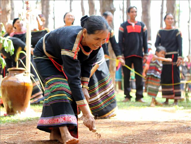 Photo: An Ede woman pokes holes in the ground as part of the rituals. VNA Photo: Dương Giang