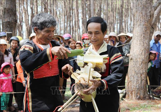 Photo: Ede men prepare offerings to god as part of the rituals. VNA Photo: Dương Giang