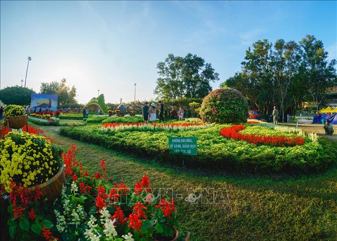 Chân núi Bà Đen được trang hoàn nhiều loại hoa tạo điểm check in ấn tượng cho du khách. Ảnh: Thanh Tân - TTXVN