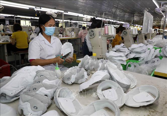 Trong ảnh: May mũ giầy thể thao tại Công ty Trường Xuân thuộc Công ty TNHH Hoá dệt Hà Tây. Ảnh: Trần Việt - TTXVN