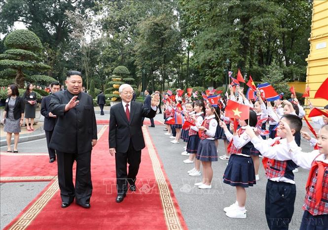 Tổng Bí thư, Chủ tịch nước Nguyễn Phú Trọng chủ trì Lễ đón Chủ tịch Triều Tiên Kim Jong-un thăm hữu nghị chính thức Việt Nam (Hà Nội, 1/3/2019). Ảnh: Trí Dũng – TTXVN
