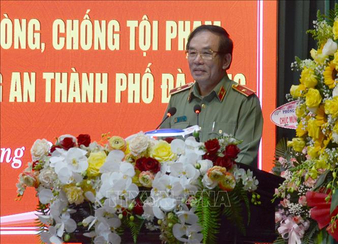 Trong ảnh: Thiếu tướng Vũ Xuân Viên, Giám đốc Công an thành phố Đà Nẵng phát biểu tại buổi lễ. Ảnh: Quốc Dũng - TTXVN