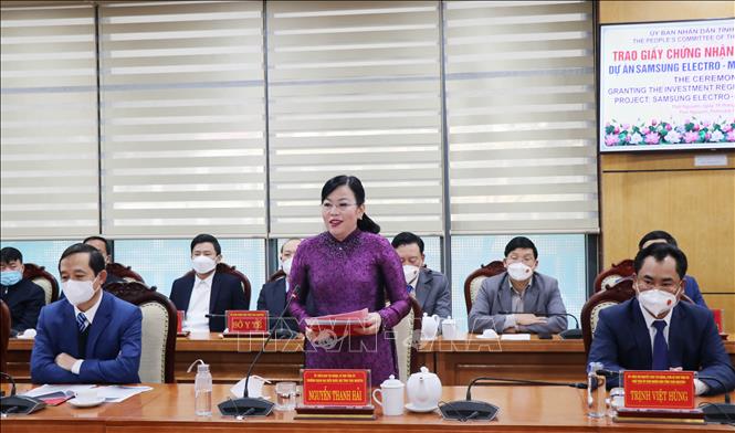 Trong ảnh: Bí thư Tỉnh ủy Thái Nguyên Nguyễn Thanh Hải phát biểu tại buổi trao giấy chứng nhận cho SEMV. Ảnh: Hoàng Nguyên - TTXVN