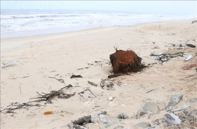 Trong ảnh: Rác thải nằm ngổn ngang ở bãi tắm biển Gio Hải. Ảnh: Nguyên Lý - TTXVN