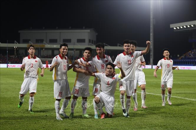 Cầu thủ U23 Việt Nam ăn mừng bàn thắng. Ảnh: Nguyễn Vũ Hùng-Pv TTXVN tại Campuchia