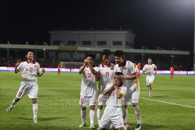 Cầu thủ U23 Việt Nam ăn mừng bàn thắng. Ảnh: Nguyễn Vũ Hùng-Pv TTXVN tại Campuchia