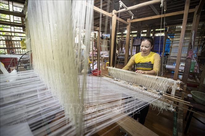 Trong ảnh: Hội viên Hợp tác xã dệt thổ cẩm và dịch vụ Chiềng Châu tại xã Chiềng Châu (Mai Châu, Hòa Bình) dệt thổ cẩm. Ảnh: Trọng Đạt-TTXVN