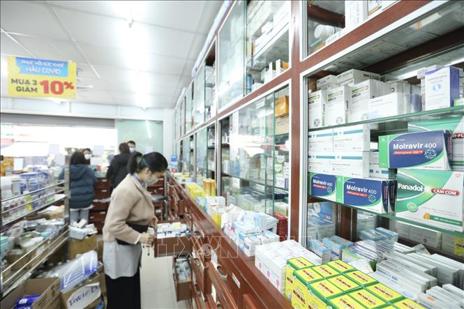 Sau khi có hướng dẫn bán thuốc từ Bộ Y tế, hệ thống nhà thuốc FPT Long Châu đã chính thức mở bán thuốc kháng virus điều trị COVID-19 có thành phần hoạt chất chứa Molnupiravir. Ảnh: Minh Quyết - TTXVN