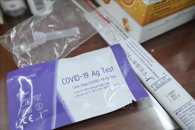 Một bộ kit xét nghiệm nhanh kháng nguyên COVID-19 (sản xuất tại Hàn Quốc) được bán với giá 110.000đ/bộ. Ảnh: Minh Quyết - TTXVN
